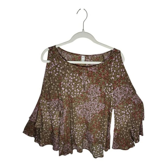 BP Floral Boho Blouse Small Cold Shoulder Bell Sleeve Cottagecore Whimsy Top - Picture 2 of 7
